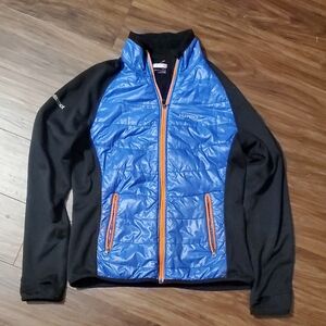 Marmot Blue and Black Hybrid Puffer Jacket with Orange Details, Zippered Pockets